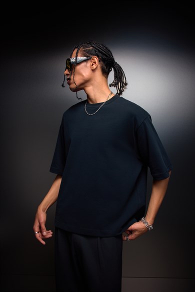 Erkek Siyah Boxy Fit Basic Tshirt