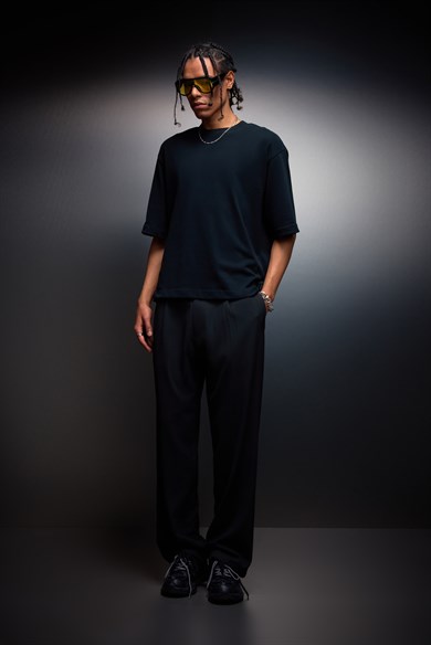 Erkek Siyah Boxy Fit Basic Tshirt