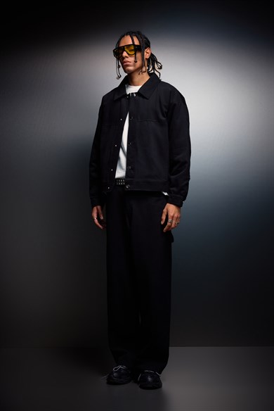 Erkek Siyah Boxy Fit Gabardin Ceket
