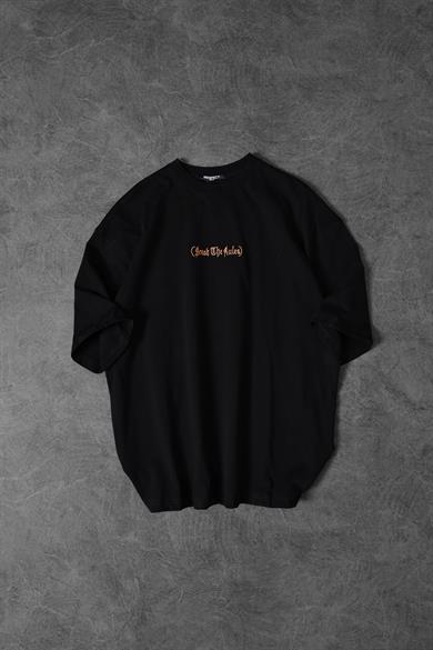 Erkek Siyah Break The Rules Kabartma Baskılı Nakışlı Oversize Tshirt