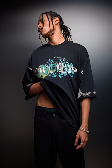 Erkek Siyah Brutal Romaticism Baskılı Oversize Tshirt