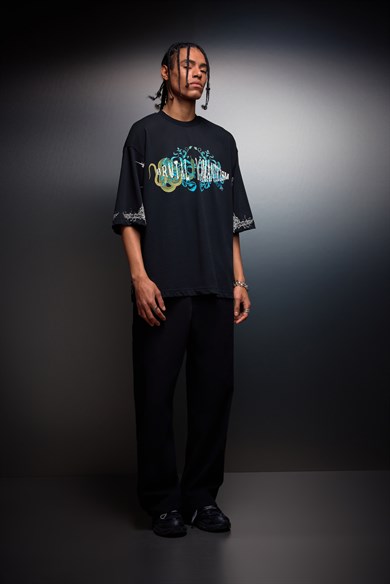 Erkek Siyah Brutal Romaticism Baskılı Oversize Tshirt