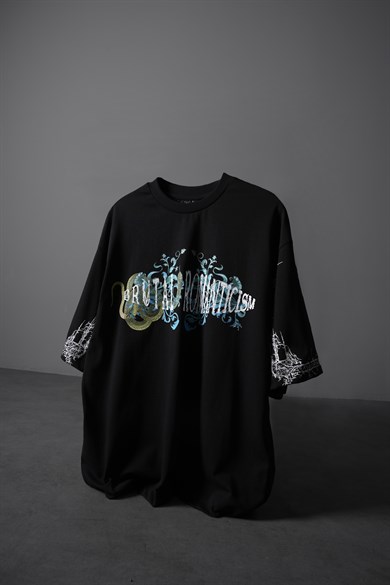Erkek Siyah Brutal Romaticism Baskılı Oversize Tshirt