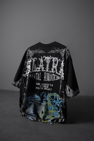 Erkek Siyah Brutal Romaticism Baskılı Oversize Tshirt