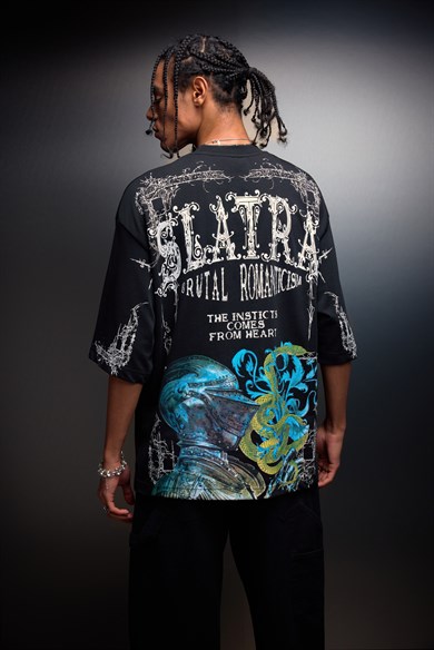 Erkek Siyah Brutal Romaticism Baskılı Oversize Tshirt