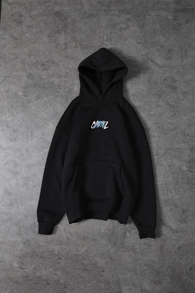 Erkek Siyah Cartel Kabartma Baskılı Kapüşonlu Oversize Sweatshirt