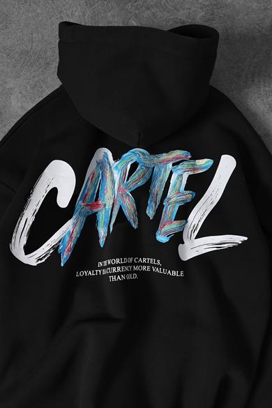 Erkek Siyah Cartel Kabartma Baskılı Kapüşonlu Oversize Sweatshirt