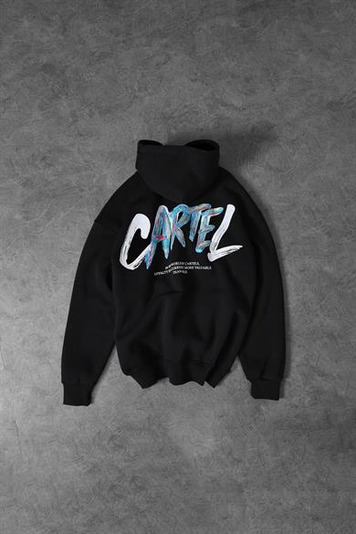 Erkek Siyah Cartel Kabartma Baskılı Kapüşonlu Oversize Sweatshirt