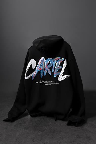 Erkek Siyah Cartel Kabartma Baskılı Kapüşonlu Oversize Sweatshirt