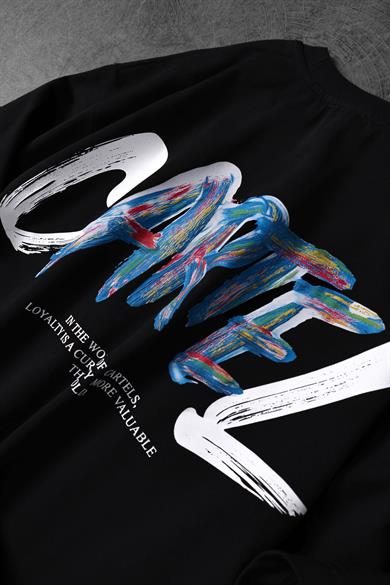 Erkek Siyah Cartel Kabartma Baskılı Oversize Tshirt