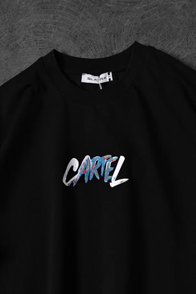 Erkek Siyah Cartel Kabartma Baskılı Oversize Tshirt