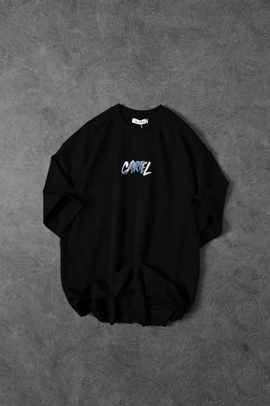 Erkek Siyah Cartel Kabartma Baskılı Oversize Tshirt