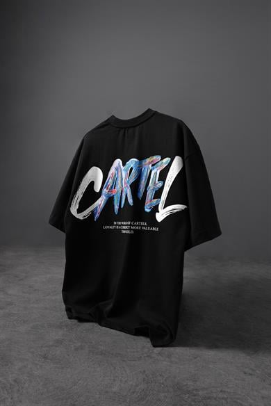 Erkek Siyah Cartel Kabartma Baskılı Oversize Tshirt