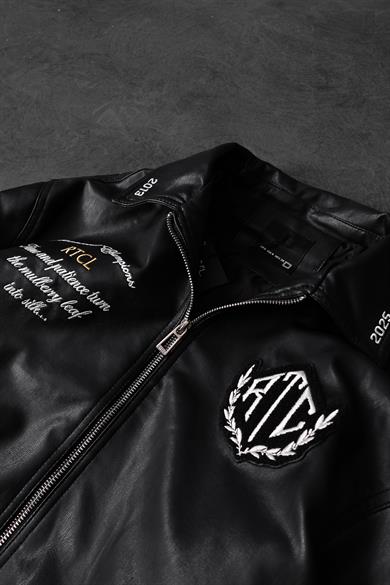 Erkek Siyah Champions Nakışlı Astarlı Deri Ceket