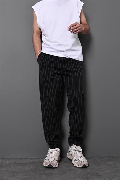 Erkek Siyah Çizgili Pileli Regular Fit Pantolon