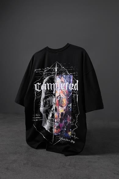 Erkek Siyah Completed Nakış ve  Patch Ve  Baskılı Oversize Tshirt