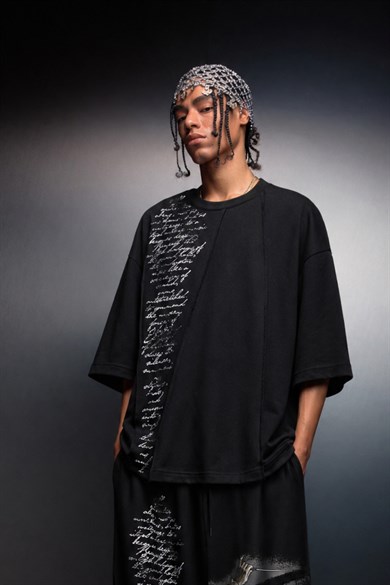 Erkek Siyah Conductor Baskılı Parçalı Oversize Tshirt