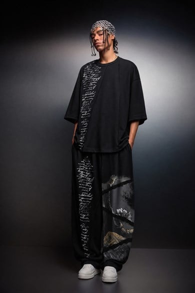 Erkek Siyah Conductor Baskılı Parçalı Oversize Tshirt