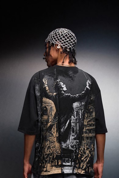 Erkek Siyah Conductor Baskılı Parçalı Oversize Tshirt