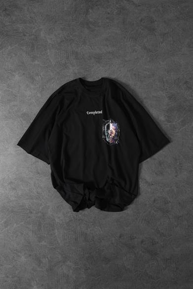 Erkek Siyah Completed Nakış ve  Patch Ve  Baskılı Oversize Tshirt