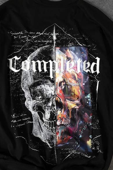 Erkek Siyah Completed Nakış ve  Patch Ve  Baskılı Oversize Tshirt
