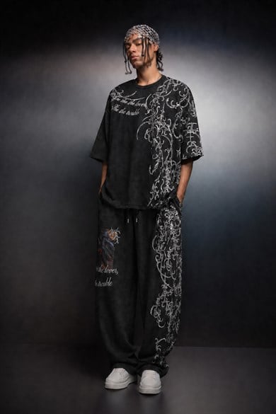 Erkek Siyah Crow Patch Oversize Yıkama Efektli Tshirt