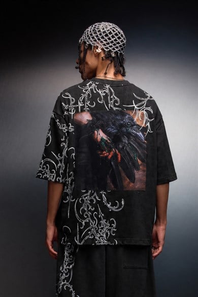 Erkek Siyah Crow Patch Oversize Yıkama Efektli Tshirt
