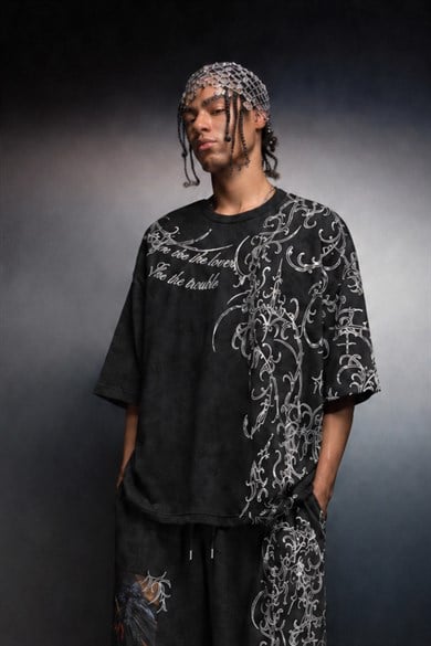 Erkek Siyah Crow Patch Oversize Yıkama Efektli Tshirt