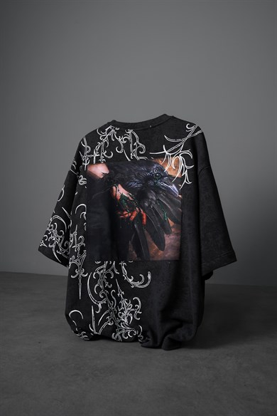 Erkek Siyah Crow Patch Oversize Yıkama Efektli Tshirt