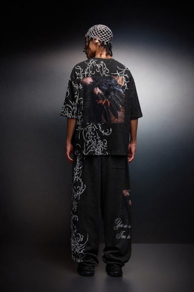 Erkek Siyah Crow Patch Oversize Yıkama Efektli Tshirt