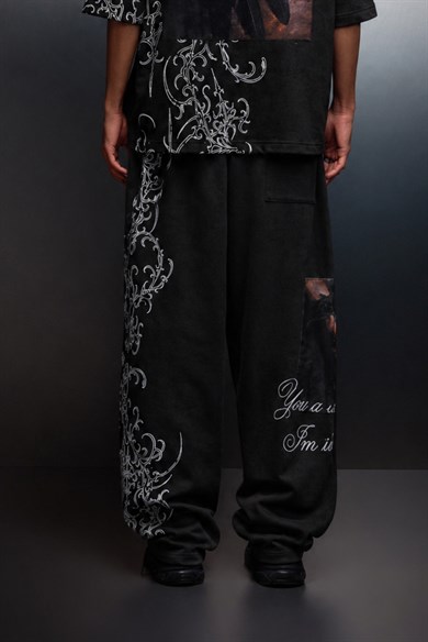 Erkek Siyah Crow Patch Yıkama Efektli Baggy Eşofman