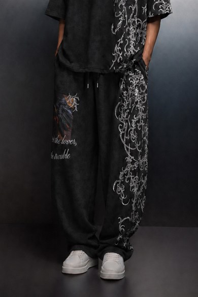 Erkek Siyah Crow Patch Yıkama Efektli Baggy Eşofman