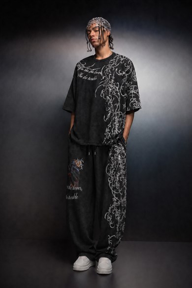 Erkek Siyah Crow Patch Yıkama Efektli Baggy Eşofman