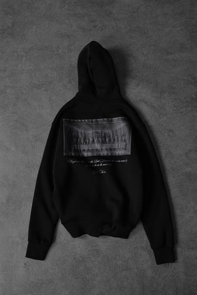 Erkek Siyah Da Vinci Kabartma Baskılı Oversize Kapüşonlu Sweatshirt