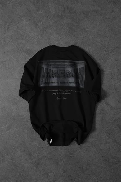 Erkek Siyah Da Vinci Kabartma Baskılı Oversize Tshirt