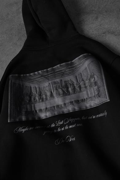 Erkek Siyah Da Vinci Kabartma Baskılı Oversize Kapüşonlu Sweatshirt
