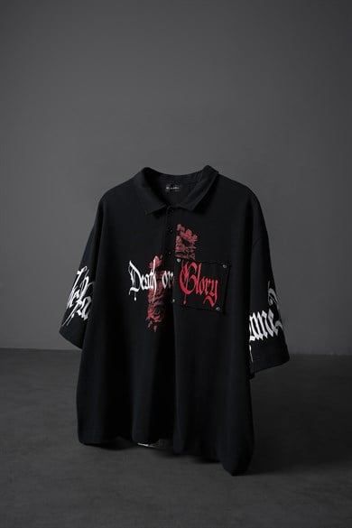 Erkek Siyah Death or Glory Patchli Box Fit Polo Yaka Tshirt