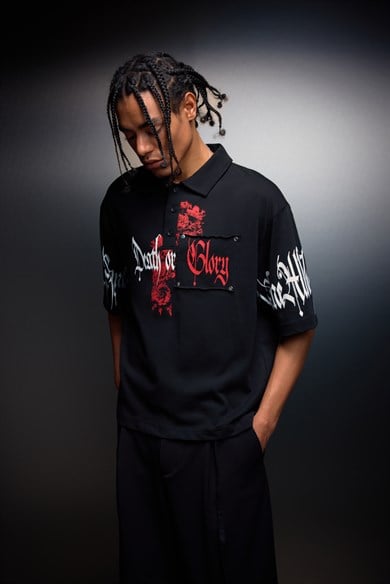 Erkek Siyah Death or Glory Patchli Box Fit Polo Yaka Tshirt