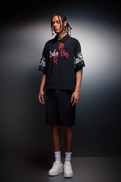 Erkek Siyah Death or Glory Patchli Box Fit Polo Yaka Tshirt