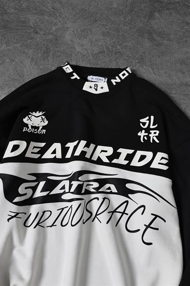Erkek Siyah Deathride Baskılı V Yaka Oversize Racing Sweatshirt
