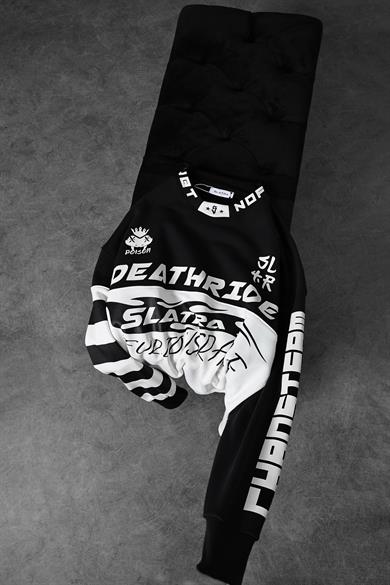 Erkek Siyah Deathride Baskılı V Yaka Oversize Racing Sweatshirt