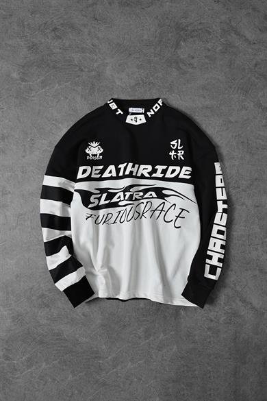 Erkek Siyah Deathride Baskılı V Yaka Oversize Racing Sweatshirt
