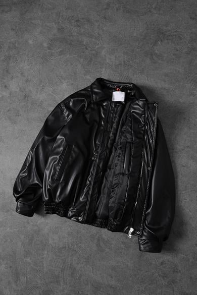 Erkek Siyah Dolumlu Fermuarlı Bomber Deri Ceket