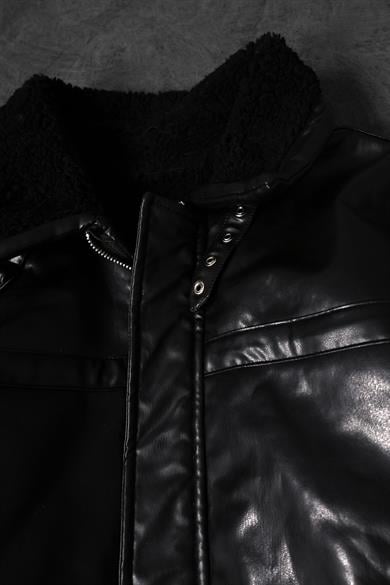 Erkek Siyah Dolumlu Kürklü Deri Mont