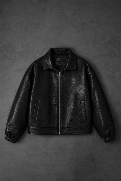 Erkek Siyah Dragon Bomber Deri Ceket