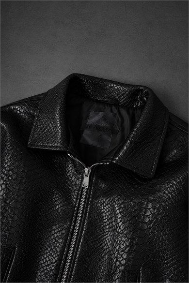 Erkek Siyah Dragon Bomber Deri Ceket