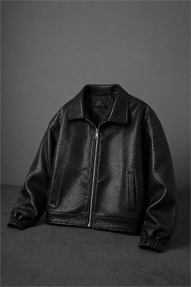 Erkek Siyah Dragon Bomber Deri Ceket