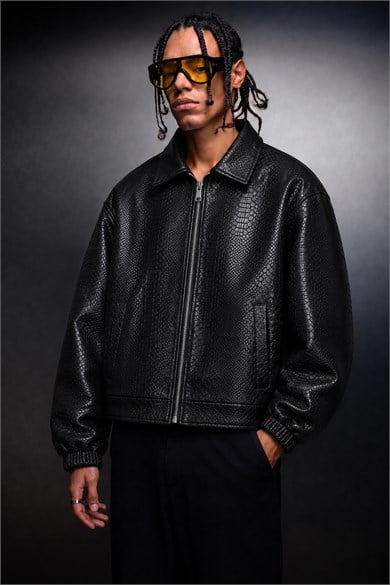 Erkek Siyah Dragon Bomber Deri Ceket