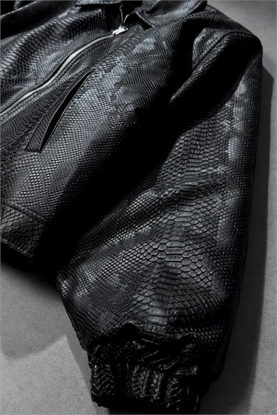 Erkek Siyah Dragon Bomber Deri Ceket