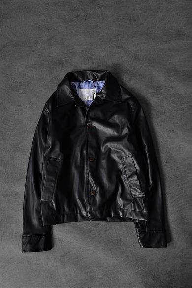 Erkek Siyah Düğmeli Çizgi Astarlı Deri Ceket